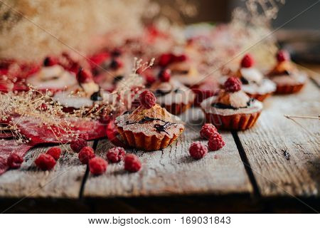 Delicious Chocolate Cupcakes With Berries On Wodeen Table, Top V