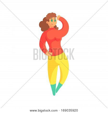 Happy Plus Size Woman In Red Sweater And Yellow Pants Enjoying Life, Smiling Overweight Girl Cartoon Characters Flat Vector Illustration With Pleasantly Plump Cute Lady On White Background.