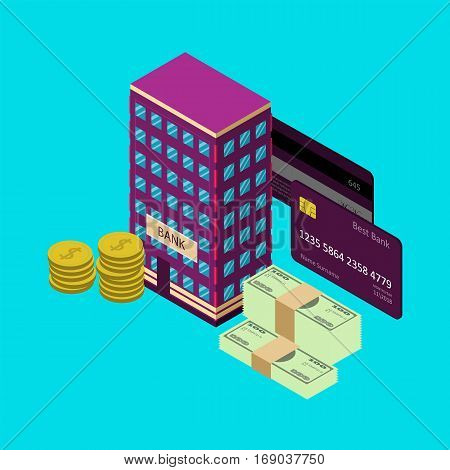 Bank building with credit card coins dollars. Isometric 3d icons. Vector. Blue background.