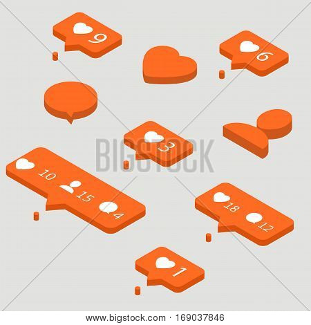 Like comment follower icons for social network. Vector 10 eps. Easy to edit. Orange speech bubbles.