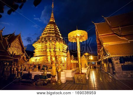 Buddhist Temple At Night Sky In Thailand