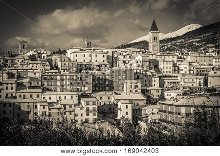 Dark view of Gualdo Tadino village in Umbria, Italy
