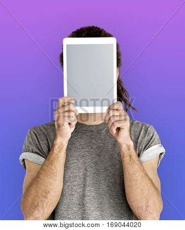 Person Holding Tablet Face Concept