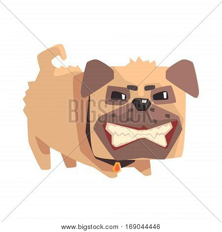 Disheveled Angry Little Pet Pug Dog Puppy With Collar Emoji Cartoon Illustration.  Vector Design.