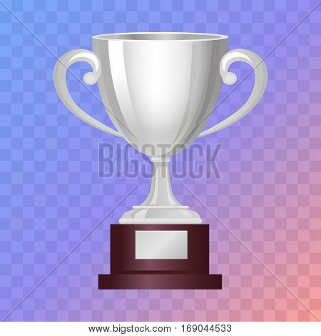 Silver cup on big base. Real award. 3d icon. Contemporary great shiny and glossy, brightly trophy on brown base. Win. Achievement. Flat design. Vector illustration