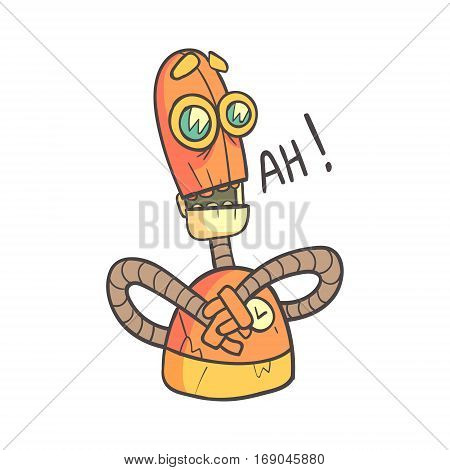 Impressed And Inspired Orange Robot Cartoon Outlined Illustration With Cute Android And His Emotions. Comic Vector Sticker With Humanoid Artificial Intelligence Character.