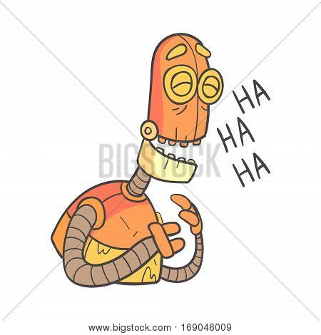 Laughing Orange Robot Cartoon Outlined Illustration With Cute Android And His Emotions. Comic Vector Sticker With Humanoid Artificial Intelligence Character.