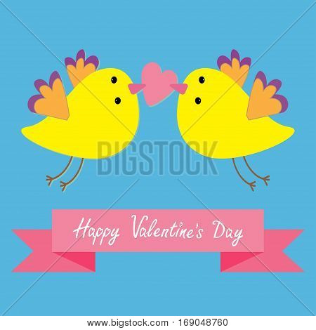 Two flying yellow bird family couple holding heart. Happy Valentines Day. Pink ribbon. Love Greeting card. Cute cartoon character set. Flat design. Blye sky background. Vector illustration