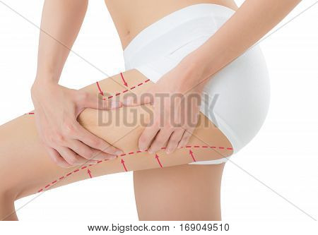 woman grabbing skin on her thigh with the drawing red arrows Lose weight and liposuction cellulite removal concept Isolated on white background.