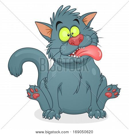 Cartoon crazy gray cat on the white background.