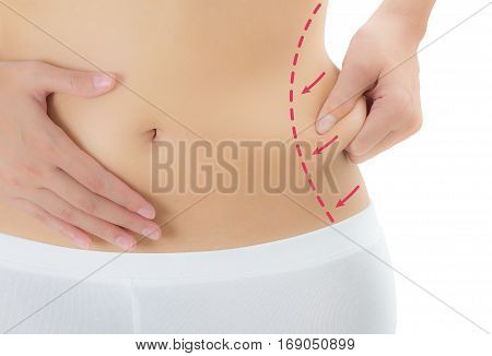 Close up Woman grabbing skin on her flanks with the drawing red arrows Lose weight and liposuction cellulite removal concept Isolated on white background.