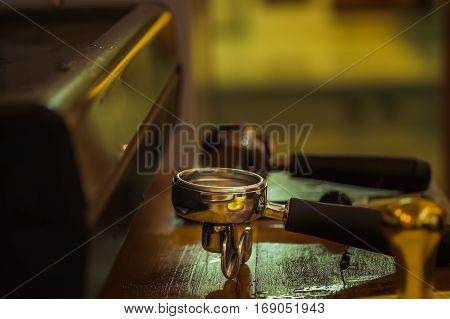 Selective focus Fresh coffee equipment on wood desk for Barista Cafe in coffee shop.