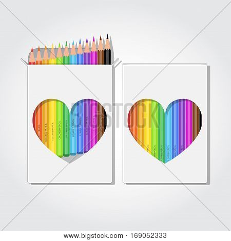 Blank box of 12 colored pencils with clipped heart shape. Realistic vector illustration.