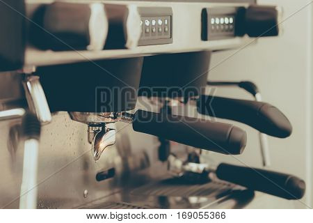 Selective focus Fresh coffee equipment on wood desk for Barista Cafe in coffee shop.