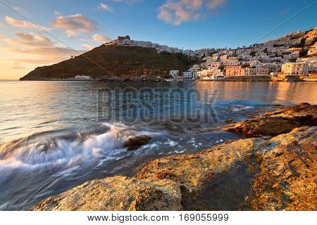 Old harbour, chora and the castle on Astypalea island.