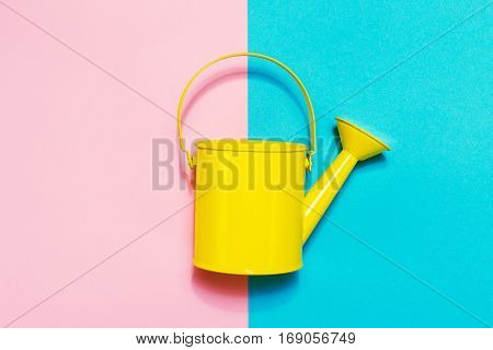 Colorful Watering Can on Colored Background. Flat Lay. Minimalistic Concept. Spring or Summer Concept.