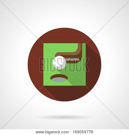 Iron golf club putting white ball to hole. Types of golfing shot. Individual sport and activity leisure. Brown round flat design vector icon.