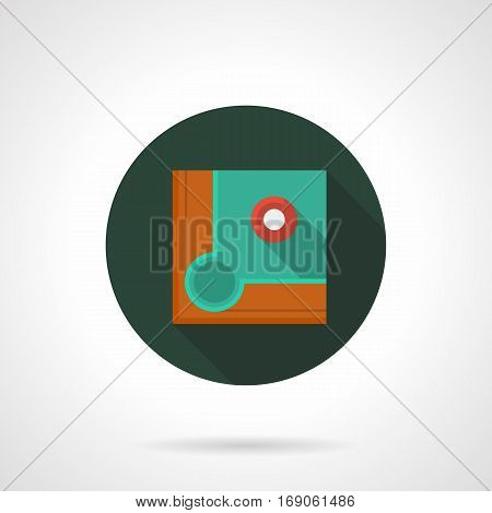 Symbol of billiard table corner with striped red ball near a pocket hole. Blue felt and wooden rails. Pool game concept. Round flat design vector icon.