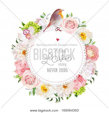 Floral vector round card with white peony peachy rose and ranunculus dahlia carnation flowers green hydrangea mixed plants and cute small robin bird. All elements are isolated and editable.