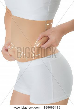 woman grabbing skin on her hip and belly with the drawing arrows Lose weight and liposuction cellulite removal concept Isolated on white background.