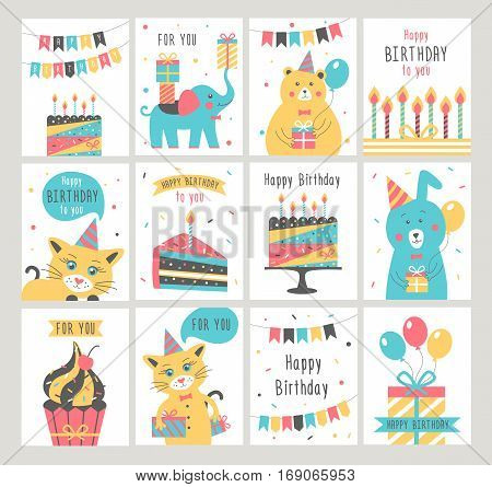 Happy Birthday card set. Birthday party. Vector illustration