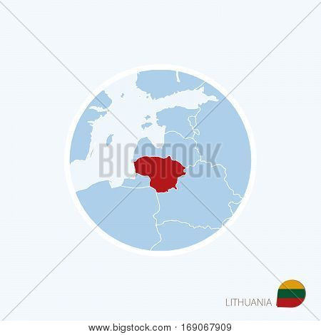 Map Icon Of Lithuania. Blue Map Of Europe With Highlighted Lithuania In Red Color.