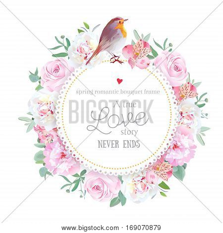 Floral vector round card with white and pink peony rose alstroemeria lily eucalyptus mixed plants and cute small robin bird. All elements are isolated and editable.