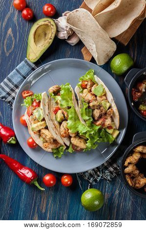 Authentic Mexican Tacos With Chicken And Salsa With Avocado, Tom