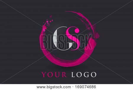 GS Circular Letter Brush Logo. Pink Brush with Splash Concept Design.