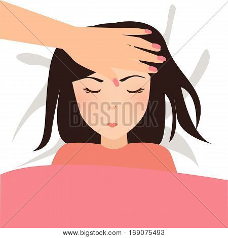 child sick cold mother hand touch her fore head to check temperature moms love vector