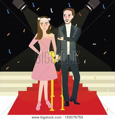 man and woman couple in red carpet gala night vector illustration