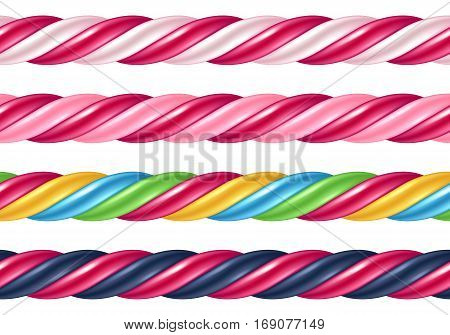 Twisted candy cane colorful seamless borders set. Stick of hard candy pattern. Vector illustration.