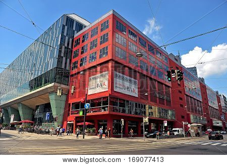 VIENNA AUSTRIA - JUNE 6: Facade of the shopping mall in city centre of Vienna on June 6 2016. Vienna is the capital and largest city of Austria.