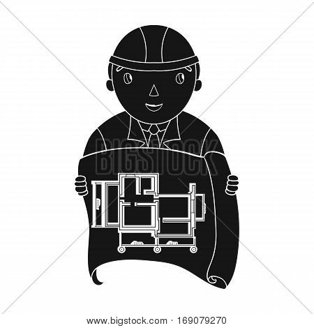 Architect with technical drawing icon in monochrome design isolated on white background. Architect symbol stock vector illustration.