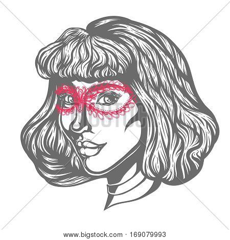 Portrait of woman in three-quarter view. Gothic style. Tattoo blackwork illustration