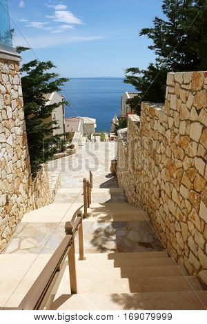 View from the stairs to the Ionian sea in the Greece.