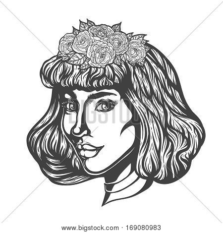 Portrait of woman in three-quarter view. Gothic style. Tattoo blackwork illustration