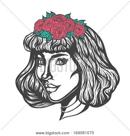 Portrait of woman in three-quarter view. Gothic style. Tattoo blackwork illustration