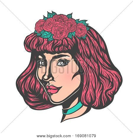 Portrait of woman in three-quarter view. Gothic style. Tattoo blackwork illustration Crown with flowers