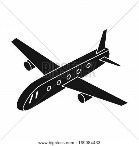 Airplane icon in black design isolated on white background. Transportation symbol stock vector illustration.