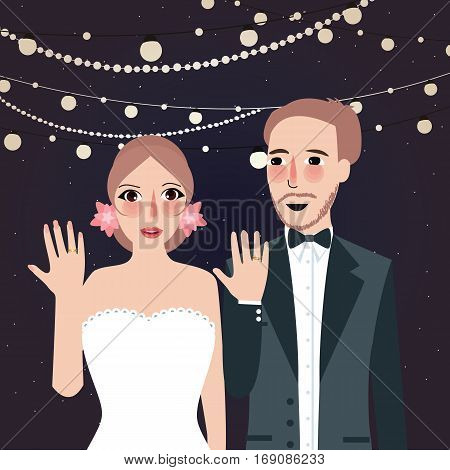 couple at wedding show their ring party at night light string hanging vector