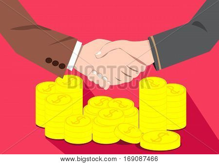 Money People Make Money Deal.Businessmen Shaking Hands Vector Flat design on Pink background.