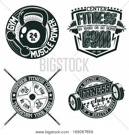 Set of Vintage t-shirt graphic designs,  grange print stamps, fitness typography emblems,   Creative gym sports logos, Vector