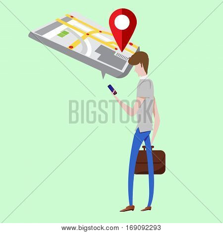 vector illustration concept of man holding smartphone with mobile gps