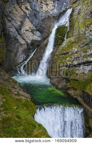 Picturesque Savica waterfall is one of the most impressive and one of the biggest waterfalls in Slovenia in Triglav National park near Bohinj lake