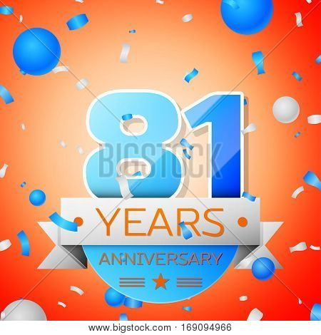 Eighty one years anniversary celebration on orange background. Anniversary ribbon