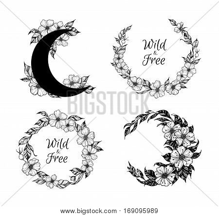 Hand Drawn Vector Illustration - Wreaths And Moon With Flowers And Leaves. Perfect For Invitations,