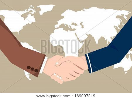 Vector concept handshake businessmen deal and partnership in world map