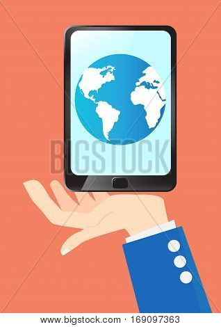 Concept Business hold Earth globe and tablet in hand vector design