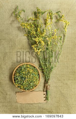 Melilot. Dried herbs for use in alternative medicine spa herbal cosmetics herbal medicine preparing infusions decoctions tinctures powders ointments butter tea bath.